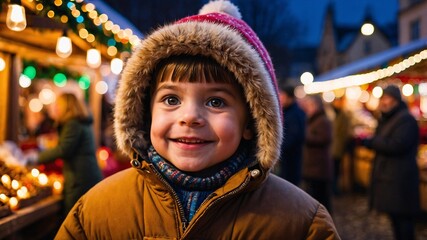 Obraz premium Joyful child enjoying a festive atmosphere at a winter market filled with lights and cheerful decorations during a chilly evening
