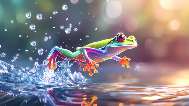 Vibrant frog leaping water, surreal art - surrealism. Dreamy Surrealism. Illustration