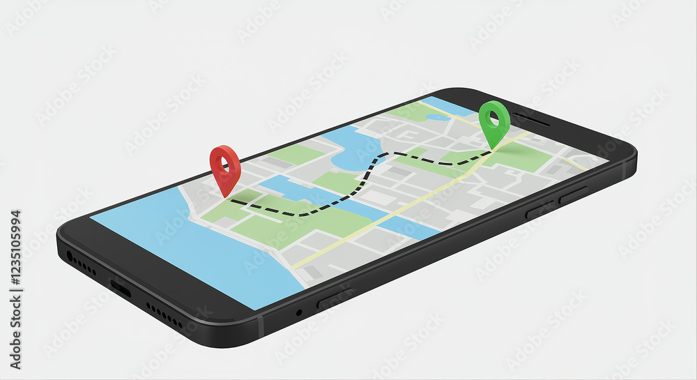 Poster Smartphone displays map with navigation route and red and green pins. Mobile phone shows map with location markers and path