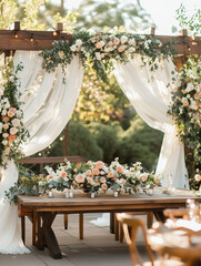 Romantic outdoor wedding setup with a rustic wooden pergola adorned with white drapes and lush floral arrangements in soft pastel tones. Elegant table décor creates a dreamy atmosphere for a perfect 