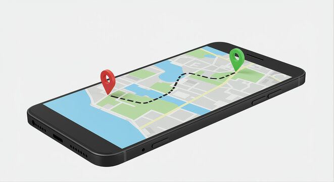 Smartphone displays map with navigation route and red and green pins. Mobile phone shows map with location markers and path