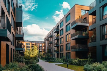 Modern residential complex with lush greenery and a clear blue sky in a city setting