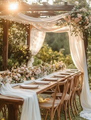 Romantic outdoor wedding setup with a rustic wooden pergola adorned with white drapes and lush floral arrangements in soft pastel tones. Elegant table d&eacute;cor creates a dreamy atmosphere for a perfect 