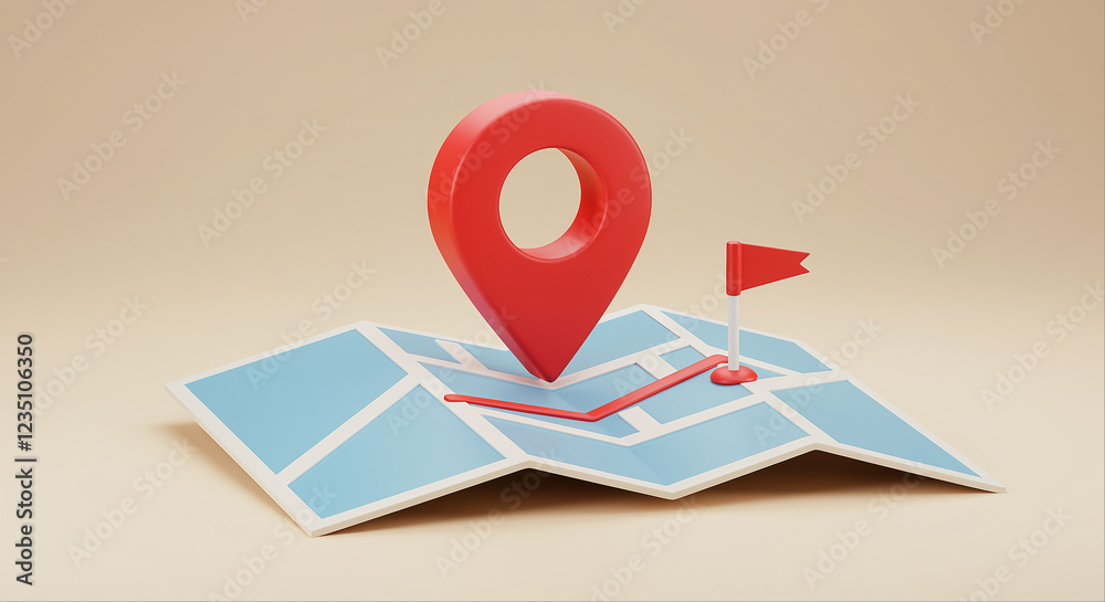 Poster map with red location pin and red flag on beige background. map with location pin and flag