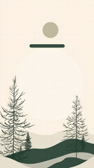 Serene Minimalist Forest Scene: A tranquil minimalist composition featuring silhouette evergreen trees and a subtle sun, exuding a sense of calm and natural harmony.