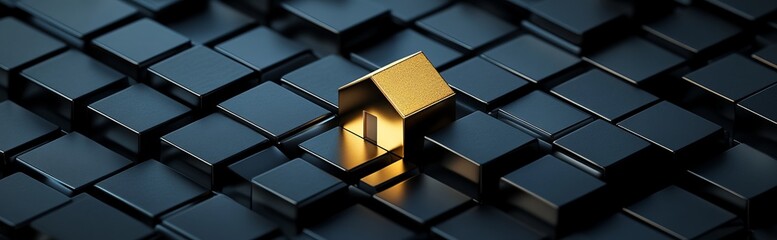 Luxury Real Estate and Investment Concept: Golden House Figurine Standing Out Among Black Square Tiles, Symbolizing Wealth, Prestige, and Exclusive Property Market