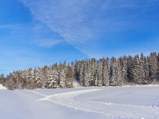 The road turns and goes into the forest on a sunny winter day: blue sky, nature of Northern Europe, near Kerava in Finland.