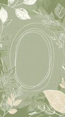 Botanical Frame: Elegant sage green background with a hand-drawn oval frame adorned with delicate botanical illustrations of leaves and branches, perfect for invitations, quotes.