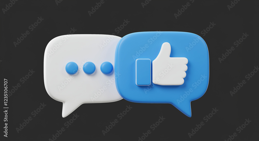Poster speech bubbles with chat and like icon. white speech bubble with dots and blue speech bubble with li