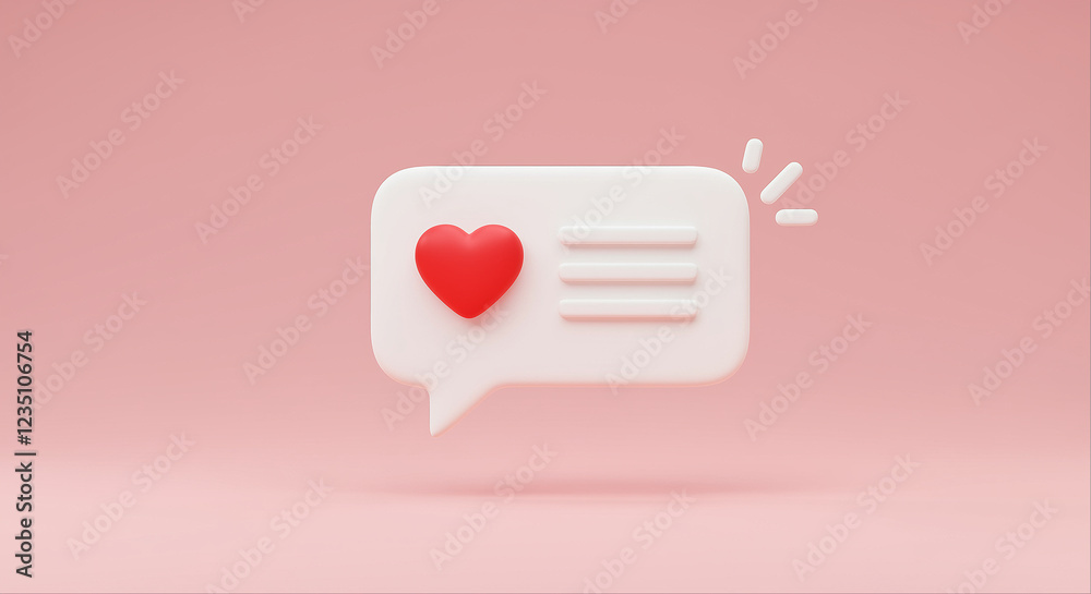 Poster speech bubble with heart and message icon. white speech bubble with red heart and message lines. 3d 