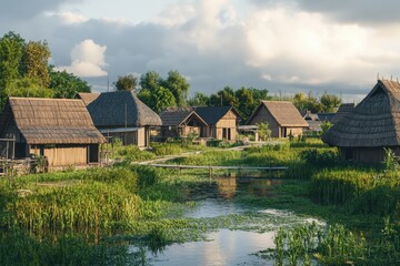 Obraz premium Scenic view of traditional village with thatched roof houses by the water in a natural setting