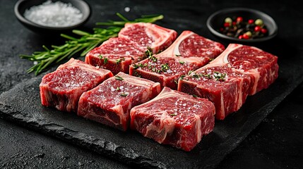 The T-bone beef steak is split into large fillet pieces and seasoned with salt and herbs in this dry-ag