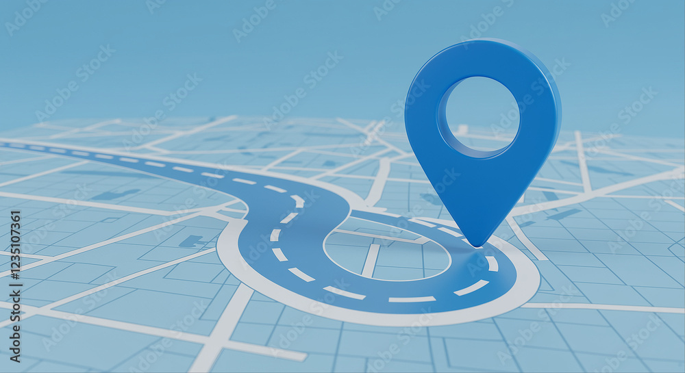 Poster blue map pin on a map with road. location marker on the map with navigation route