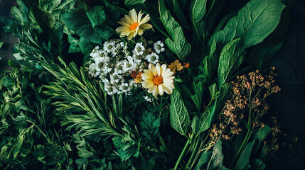 An exquisite arrangement of fresh herbs and colorful edible flowers for culinary use