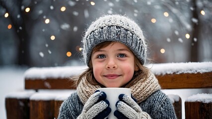 Joyful winter moments as a young child enjoys hot chocolate amidst softly falling snowflakes and twinkling lights in a serene snowy park setting