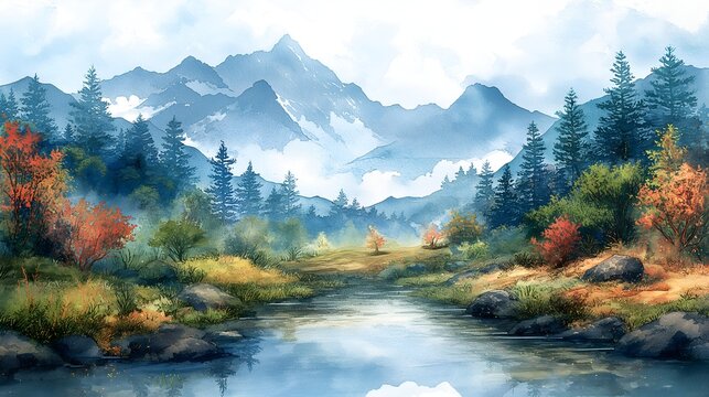 Scenic Watercolor Illustration A Breathtaking Landscape View Perfect for Travel Brochures, Postcards, Wall Art, and Home Decor.