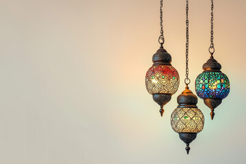 postcard with beautiful arabic colorful lamps for Ramadan. Ramadan kareem, Ramadan Mubarak, Happy Ramadan, generative AI