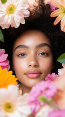 Radiant beauty with soft smile surrounded by colorful blooms