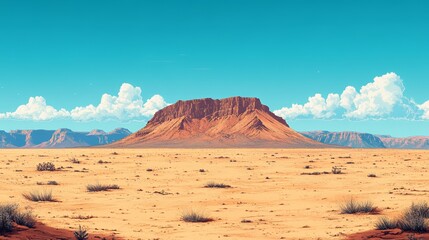 Vast Desert Landscape Featuring a Prominent Mesa Against a Bright Blue Sky With Scattered Clouds in the Afternoon