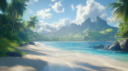 Lush Tropical Beach With Clear Blue Waters and Mountains Under a Bright Sky in a Serene Paradise Setting