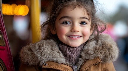 Young Girl With a Warm Smile Enjoying a Chilly Day at a Carnival Surrounded by Colorful Lights and Fun Attractions