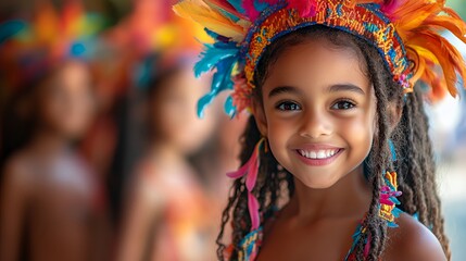 Young Girl in Vibrant Traditional Attire Smiles Warmly at the Camera During a Cultural Celebration in a Tropical Setting