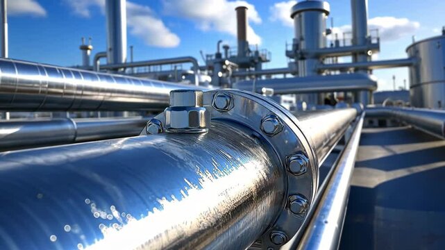 Metal pipes and industrial fixtures shine in the sunlight, showcasing the intricate design and engineering of an oil refinery.