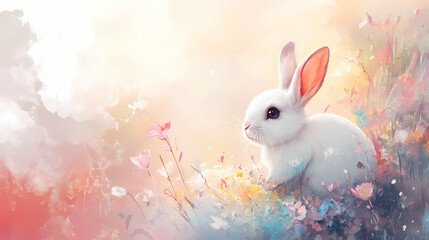 Obraz premium Cute bunny art, surreal photo, dreamy watercolor. Dreamy Surrealism. Illustration
