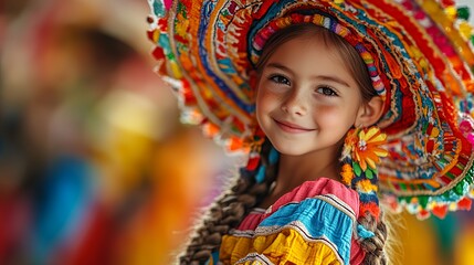 Fototapeta premium Colorful Celebration Featuring a Smiling Girl in Traditional Attire With a Large Sombrero During a Vibrant Festival in a Lively Outdoor Setting
