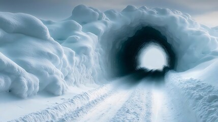 A snow covered road with a tunnel in the middle