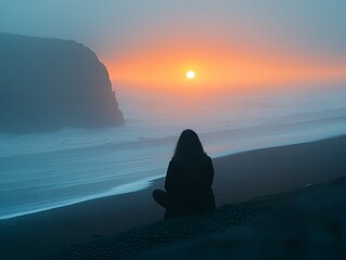 Watching the Sunset on a Foggy Beach With Cliffs in the Distance During a Serene Evening