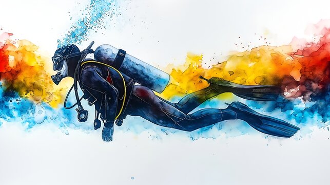 An Underwater Watercolor Adventure Vibrant Scuba Diving Illustration Perfect for Travel Blogs, Diving Magazines, and Websites, showcasing the beauty of underwater world and marine life.