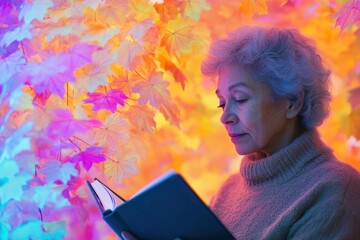 Elderly woman reading a book surrounded by colorful autumn leaves in a tranquil setting