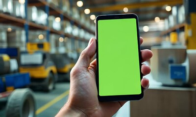 Smartphone with Green Screen in Warehouse Setting - Powered by Adobe