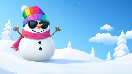 Fototapeta premium A festive illustration featuring a joyful snowman with colorful accessories - A cheerful snowman with a rainbow hat and sunglasses standing in a winter landscape, symbolizing fun, joy, winter