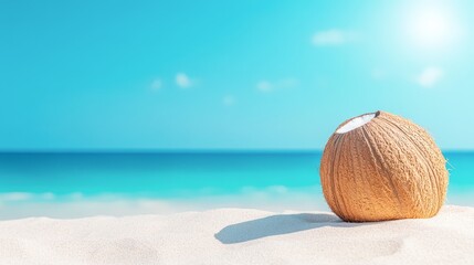 A coconut sits on white sandy beach, glistening under a bright blue sky with clear turquoise waters in the background, perfect for summer vacation themes, tropical drinks