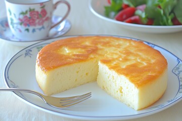 A slice of cheesecake served on a plate with a fork, accompanied by a salad and tea.