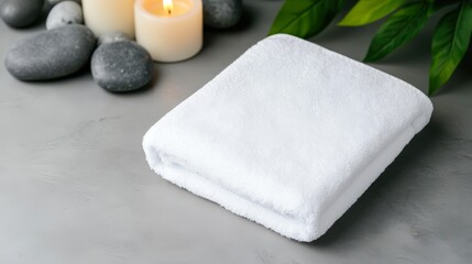 A neatly folded white towel rests beside smooth stones and lit candles, creating a calming spa-like atmosphere, Ideal for wellness promotions, relaxation settings, and beauty treatments,