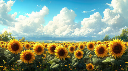 Fototapeta premium Rows of sunflowers stretching towards the horizon