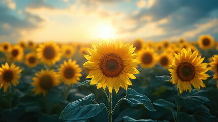 Fototapeta premium Rows of sunflowers stretching towards the horizon