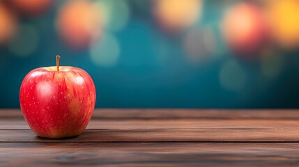 A vibrant red apple sits on a wooden table with a soft, blurred background of warm lights, This image can be used for healthy eating, food blogs, or marketing campaigns related to fresh produce,