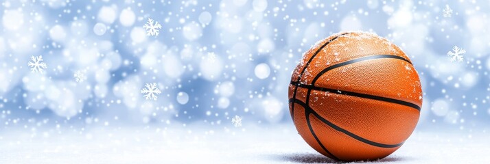 Basketball with snowflakes falling and winter scenery - A vibrant basketball rests on a snowy surface with snowflakes gently falling in a serene winter setting, symbolizing sports, winter, joy