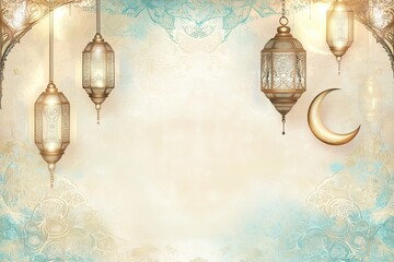 A delicate arrangement of Ramadan lanterns and crescent moon against a serene background. AI generated image