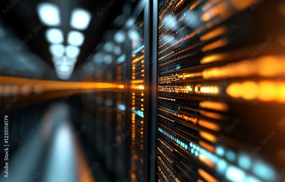 Poster a 3d rendering of a server room with luminous bokeh light streaming down a corridor