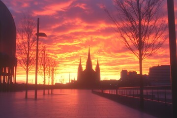 Fototapeta premium Fiery sunrise paints the sky with vibrant oranges and reds, casting a dramatic silhouette on the cityscape and a prominent church.