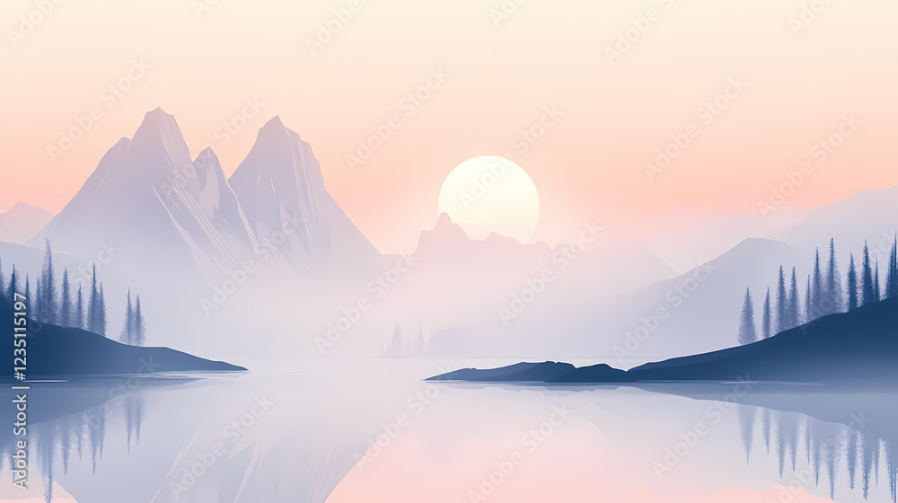 Poster Serene foggy mountain range in pastel hues, a minimalist landscape evoking tranquility and subtle beauty in nature's embrace. Ethereal Landscape. Illustration