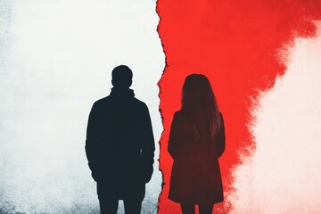 Silhouette of a man and woman standing back-to-back, separated by a symbolic crack in a red and white wall. A poignant image representing separation or heartbreak.