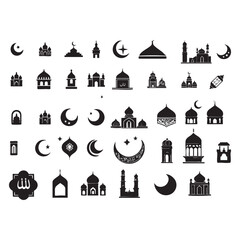 set of icons ramadan islamic elements silhouette