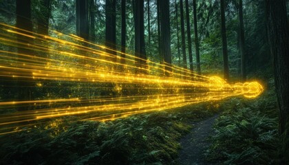 Golden Energy Stream Through Enchanted Forest