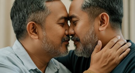 Tender moment between mature asian men celebrating love and connection in close embrace